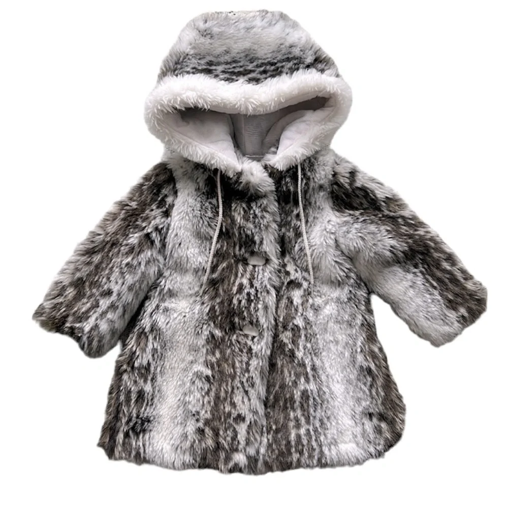 Vintage Girl Toddler Faux Fur‎ Coat Brown/White Animal Print Hood Size 2T